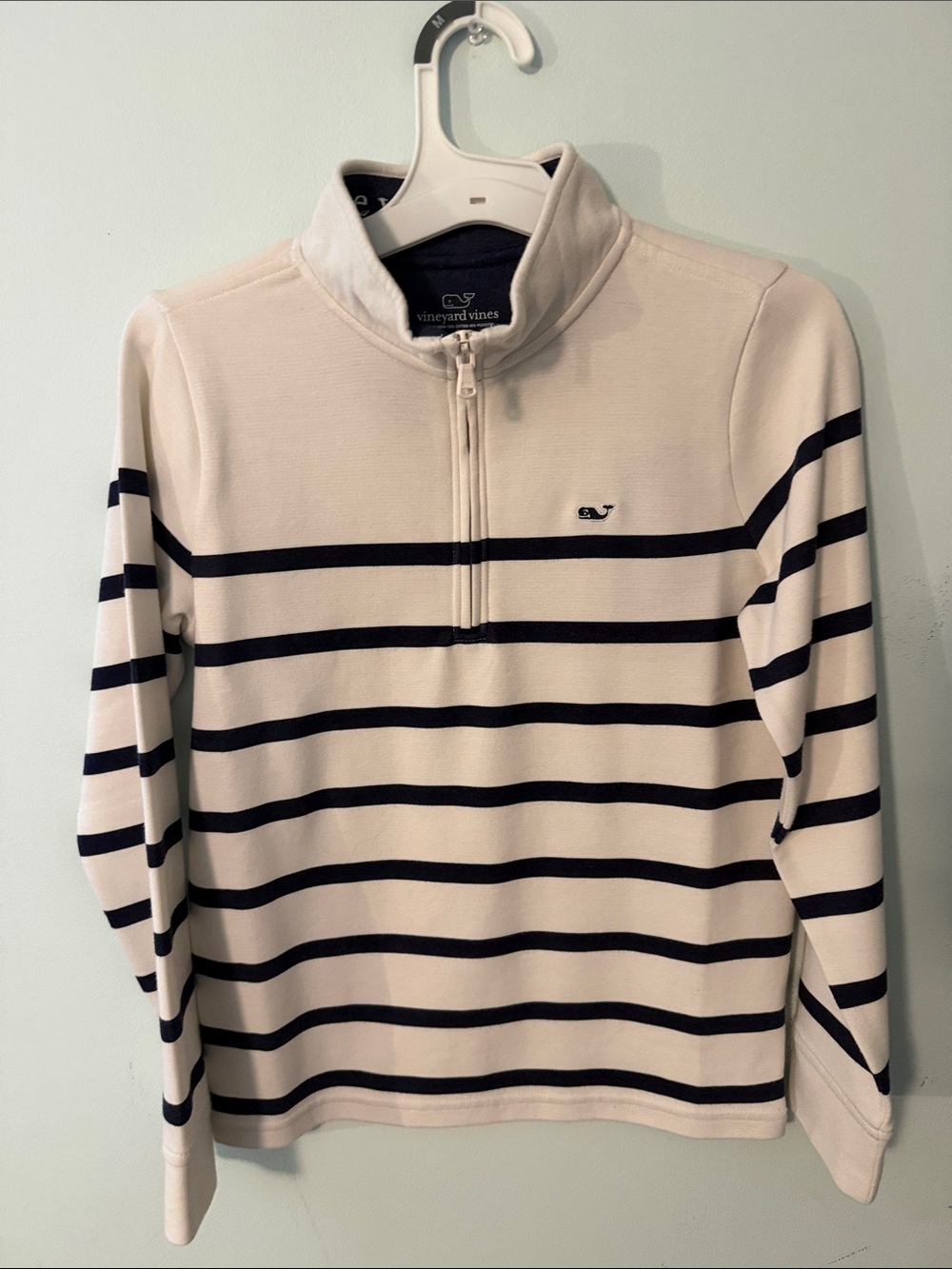 Vineyard Vines Boys M Cream and Navy Striped Quarter-Zip Sweater